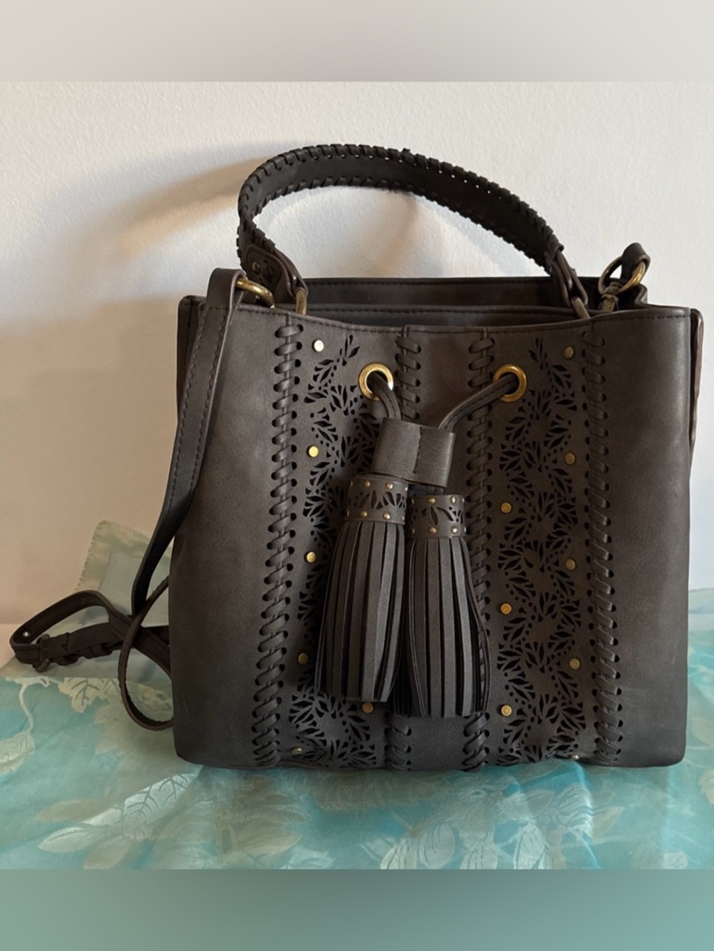 Vegan Leather Handbag, Hand-Tooled Boho Style, Brass Hardware, Gypset
Shoulder